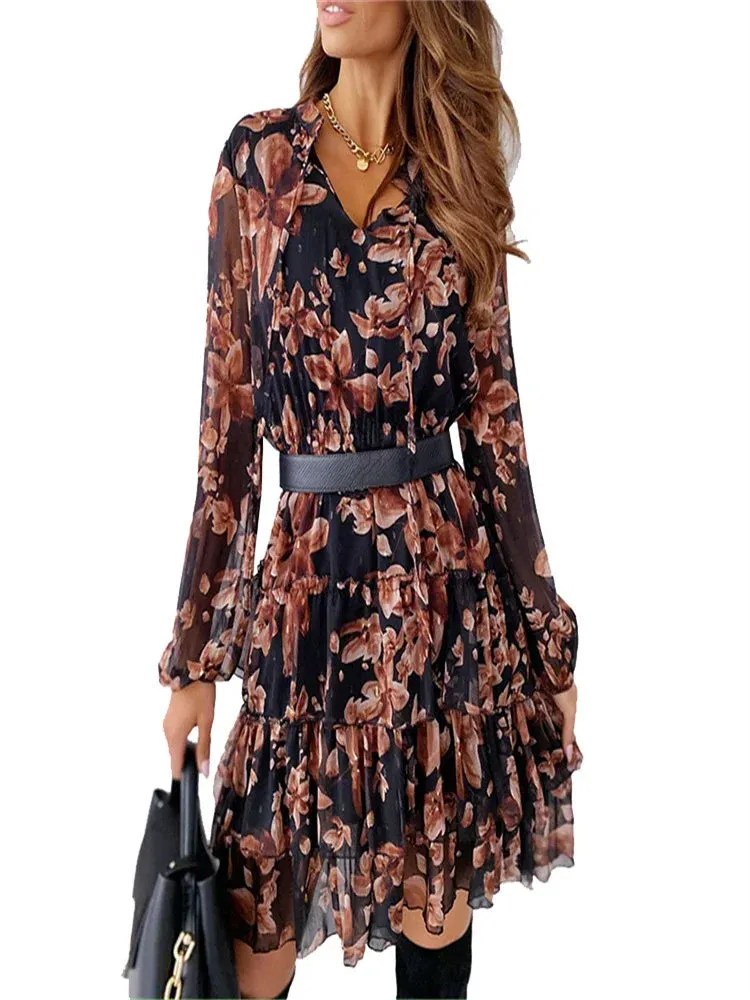 2024 V-neck Long Sleeve A-line Wrapped Boho Dress