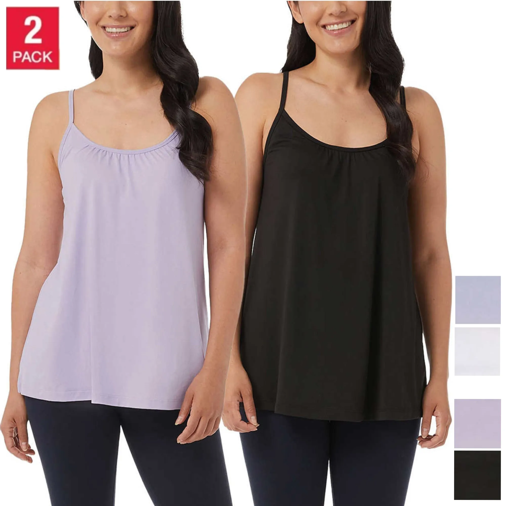 32 Degrees Women's  2-Pack Wire Free Built-in Bra Stretch Top Relaxed Fit Camisole