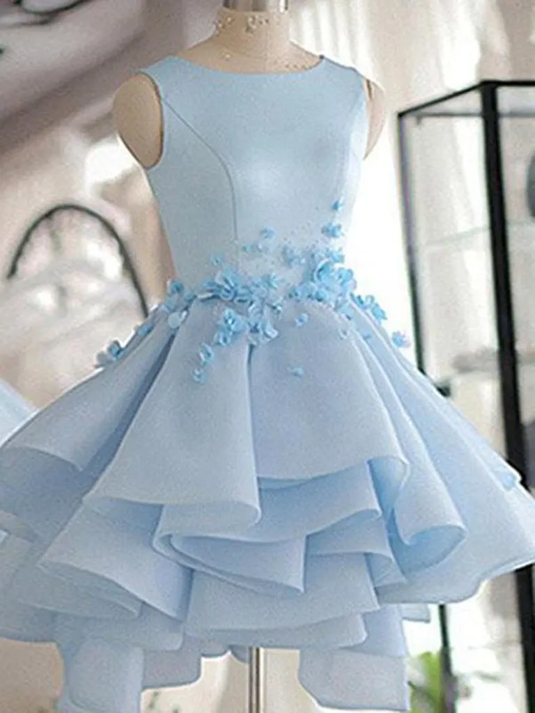 3D Floral Short Blue Prom Dresses,  3D Flower Short Blue Graduation Homecoming Dresses