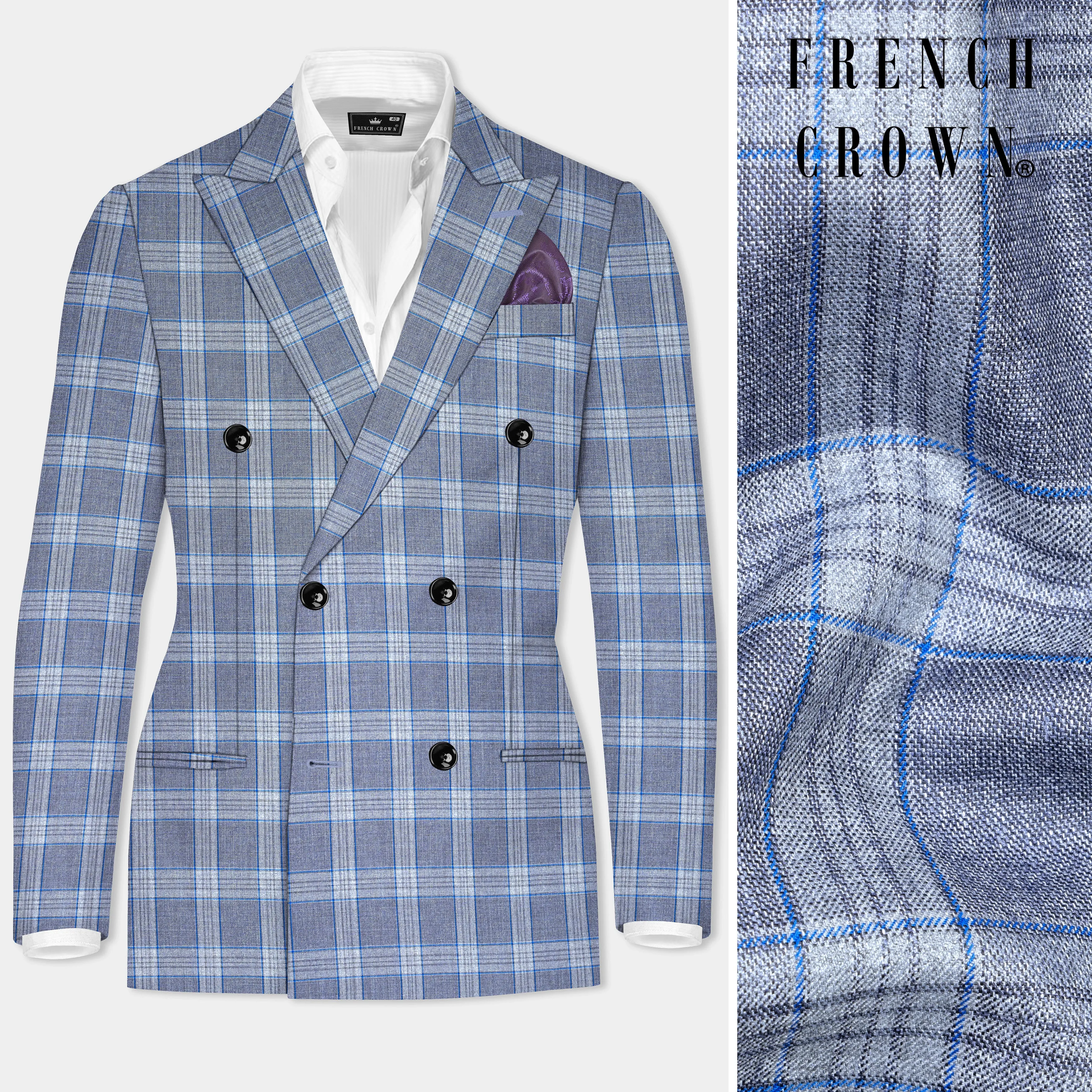 Amethyst Smoke Blue Checked Wool Blend Double Breasted Blazer