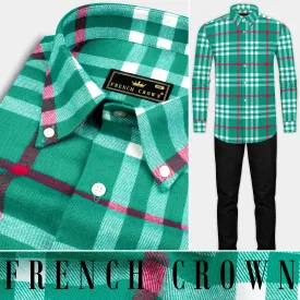 Aquamarine Green and Shiraz Red Plaid Flannel Shirt