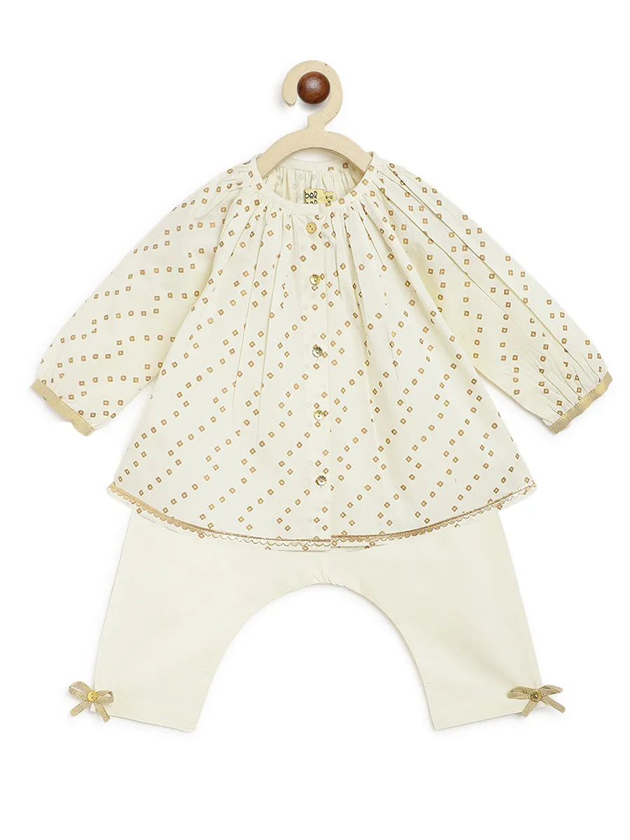 Baby Girl Bandhani Printed Jhabla Set-Cream