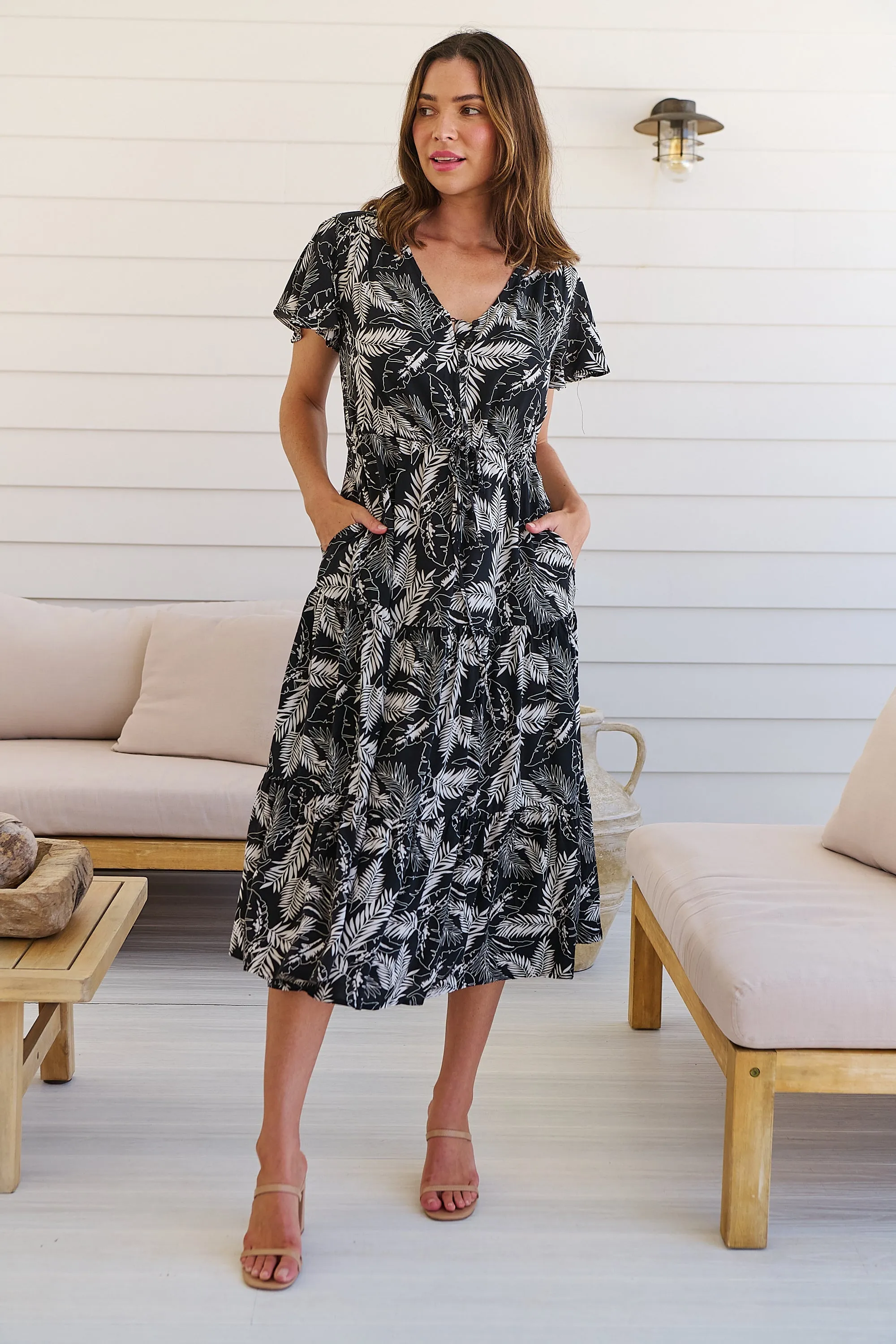 Bailey Black/White Leaf Print Cap Sleeve Midi Dress