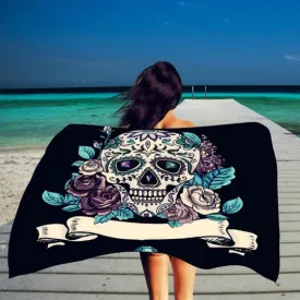 Beach Mandala Skull Shawl, Polyester, 59 x 39.4 in, Black with Skull & Roses Print