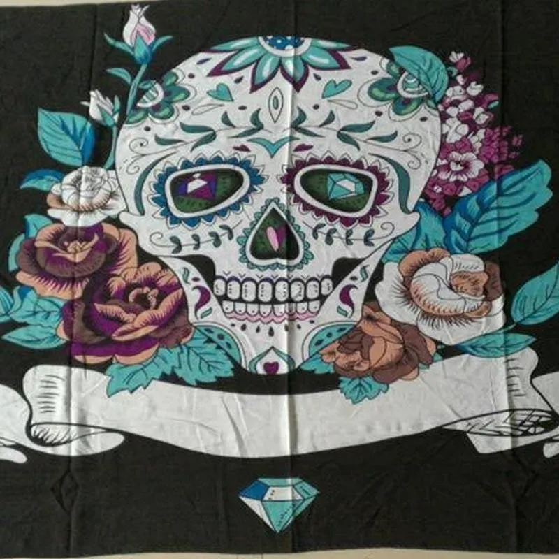 Beach Mandala Skull Shawl, Polyester, 59 x 39.4 in, Black with Skull & Roses Print