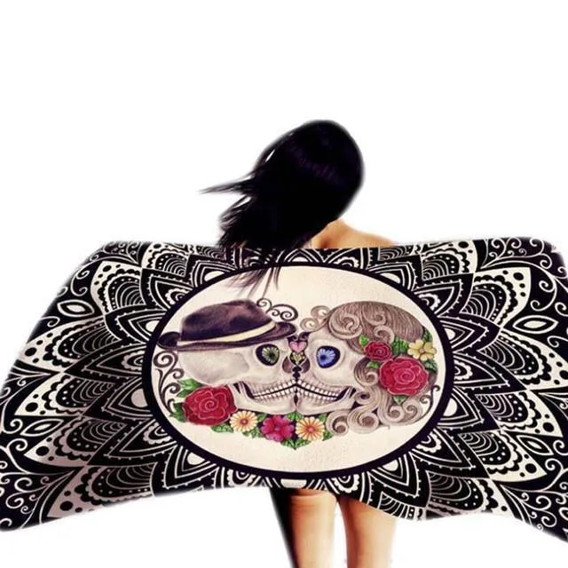 Beach Mandala Skull Shawl, Polyester, 59 x 39.4 in, Black with Skull & Roses Print