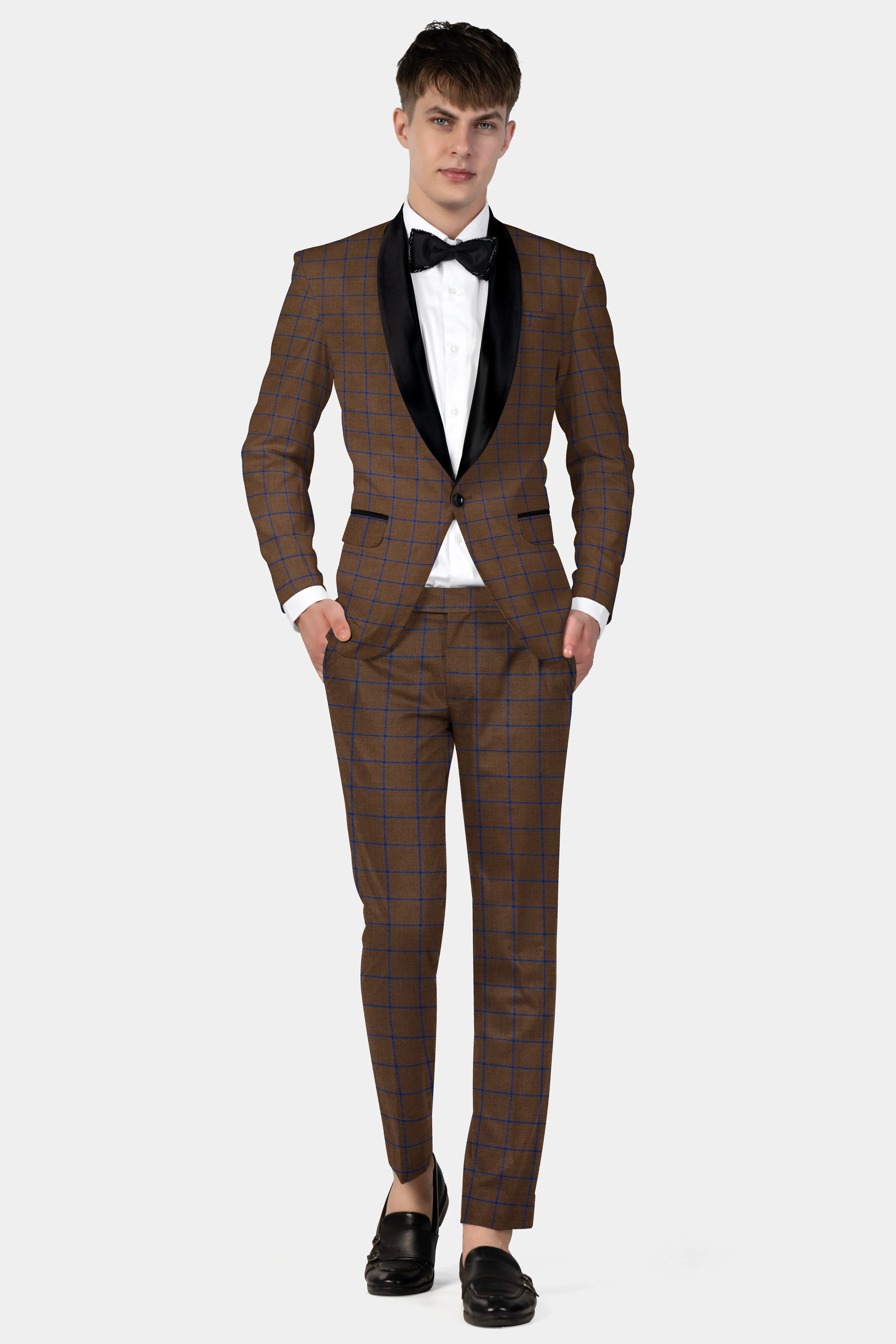 Bistre Brown with Catalina Blue Windowpane Tuxedo Tweed Blazer