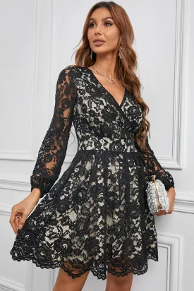 Black Floral Lace Skater Mini Dress