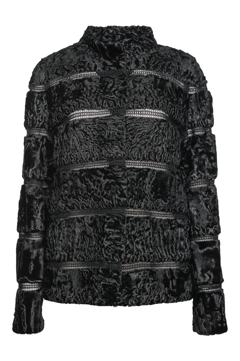 Black Reversible Horizontal Swakara Fur Jacket - Netting Detail