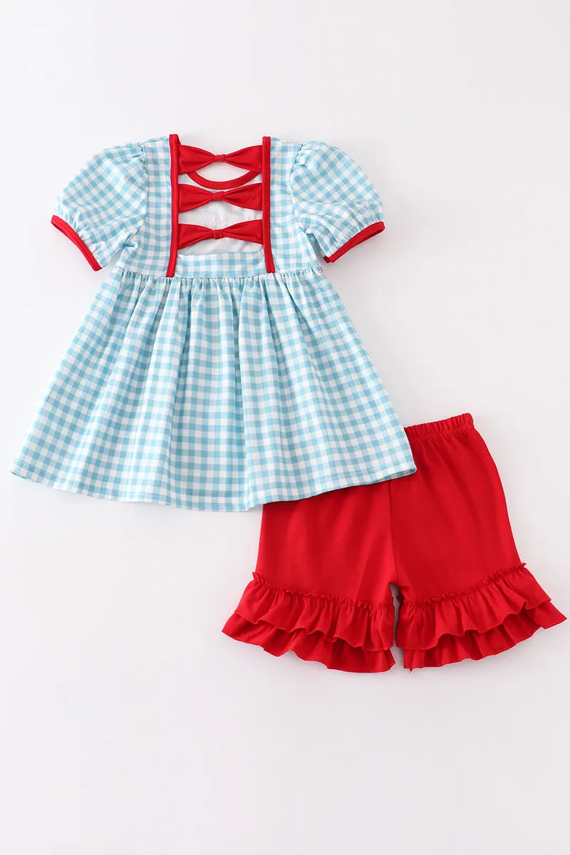 Blue plaid farm embroidery girl set