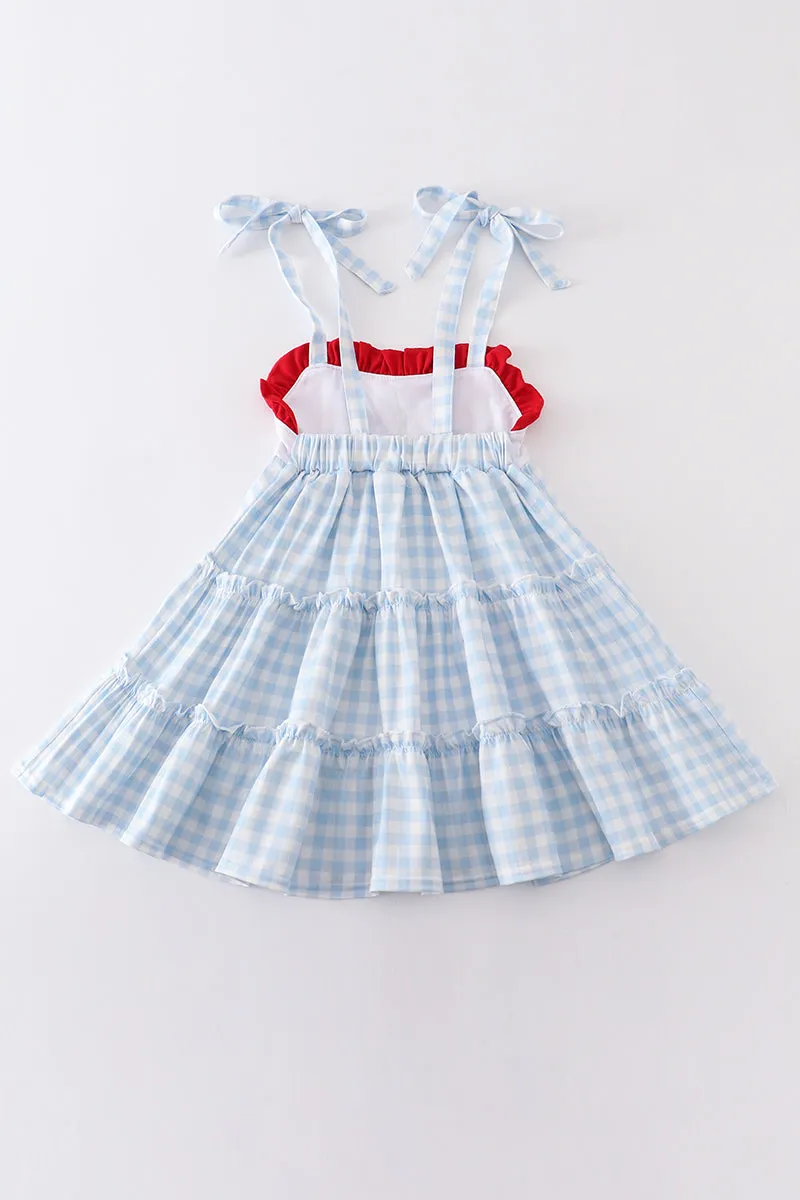 Blue plaid farm embroidery tiered dress