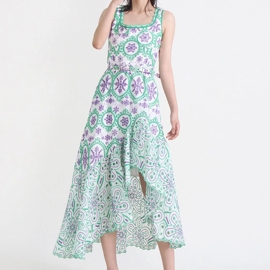 Bohemian Floral Broderie Anglaise Asymmetric Hem Square Neck Belted Midi Sundress