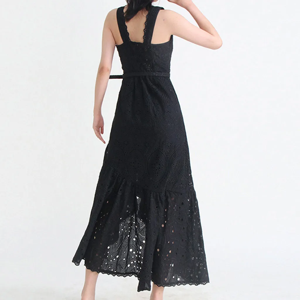 Bohemian Floral Broderie Anglaise Asymmetric Hem Square Neck Belted Midi Sundress