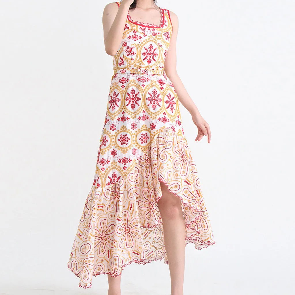 Bohemian Floral Broderie Anglaise Asymmetric Hem Square Neck Belted Midi Sundress