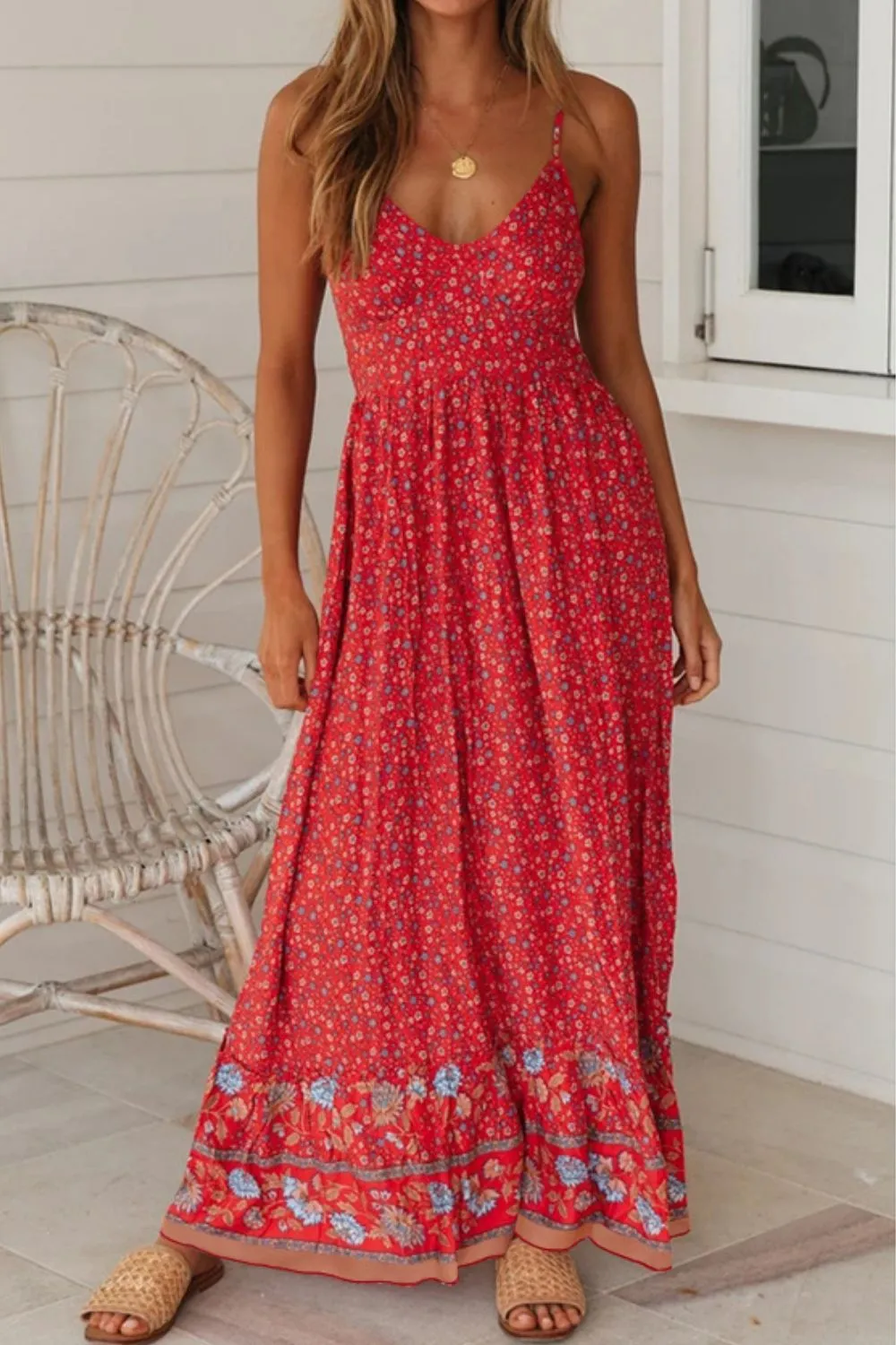 Bohemian Spaghetti Strap Frill Trim Maxi Dress