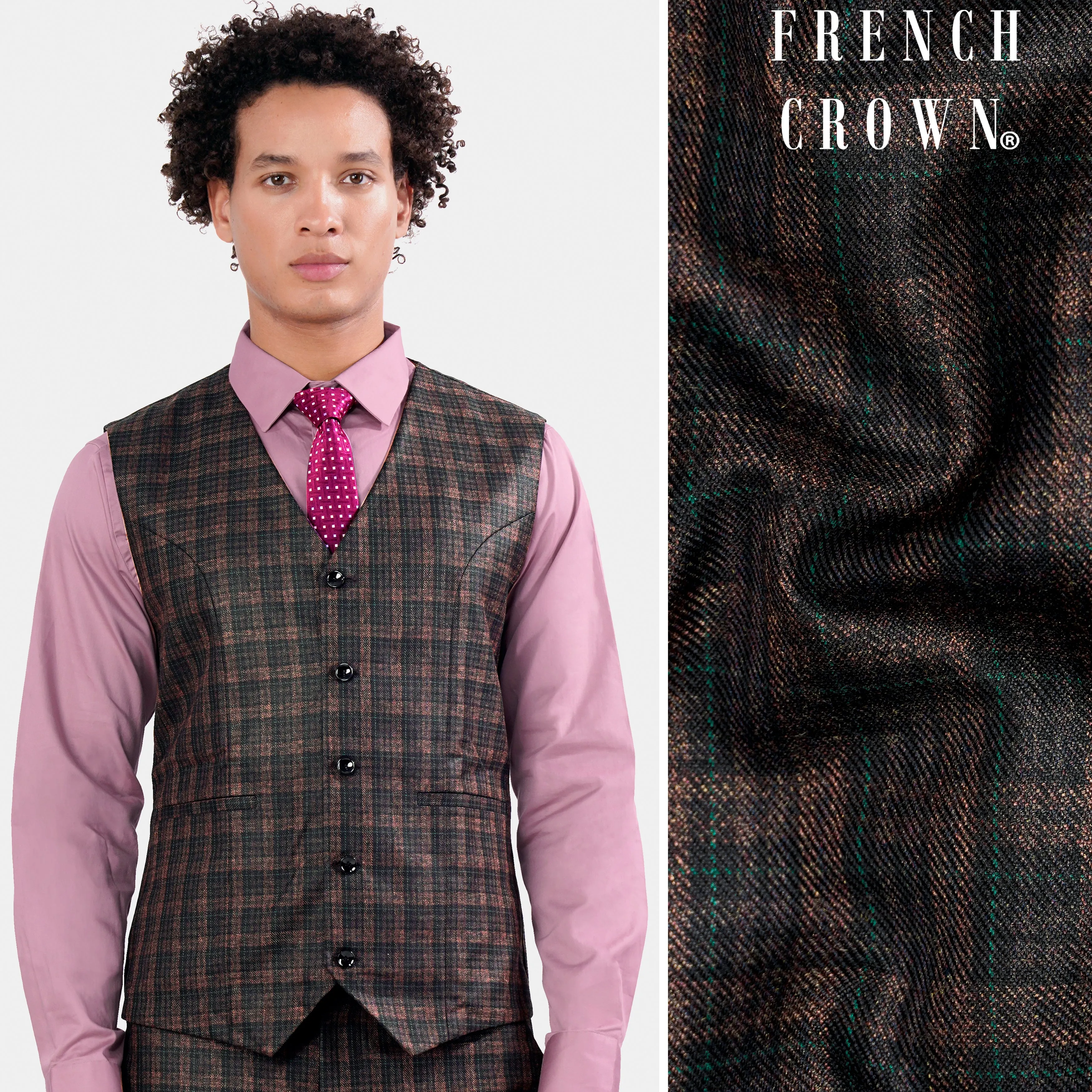 Bole Brown with Ebony Clay Black Plaid Wool Rich Waistcoat