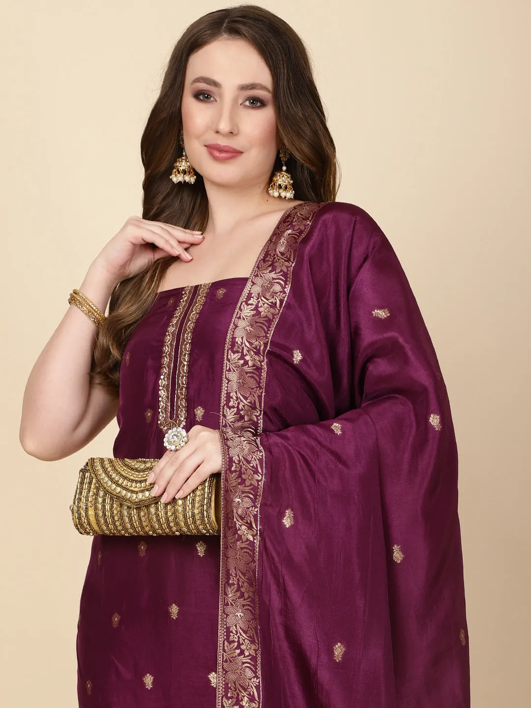 Booti Embroidered Chanderi Unstitched Suit Piece With Dupatta