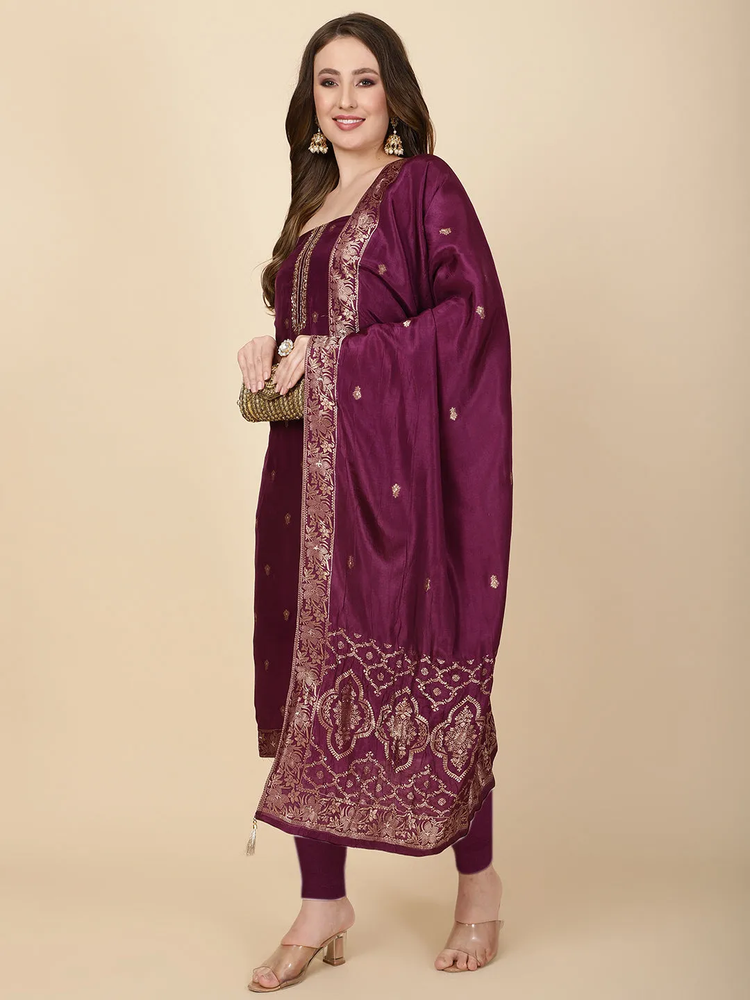 Booti Embroidered Chanderi Unstitched Suit Piece With Dupatta