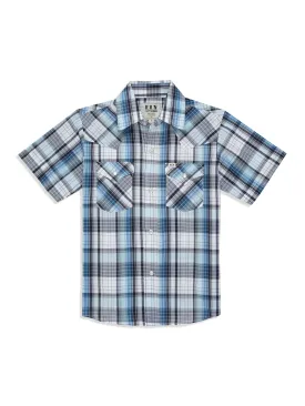 Boy's Ely Cattleman Short Sleeve Plaid Western Snap Shirt - Blue & Brown