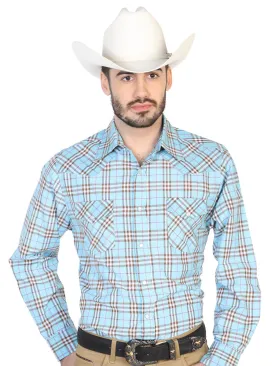 Camisa Vaquera Manga Larga de Bolsillos Estampada Cuadros Azul/Negro para Hombre 'El Señor de los Cielos' - ID: 42594