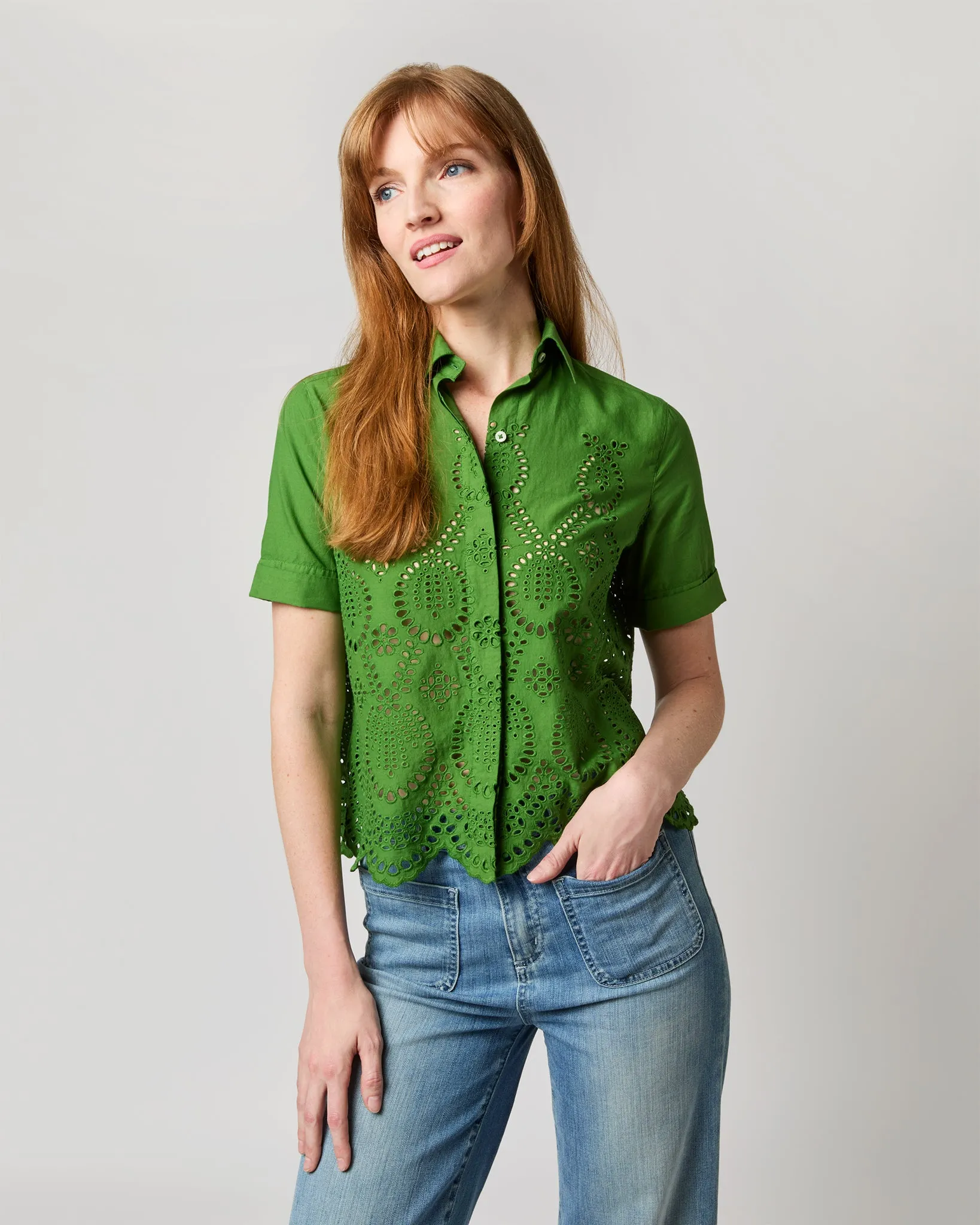 Carol Short-Sleeved Shirt in Green Eyelet