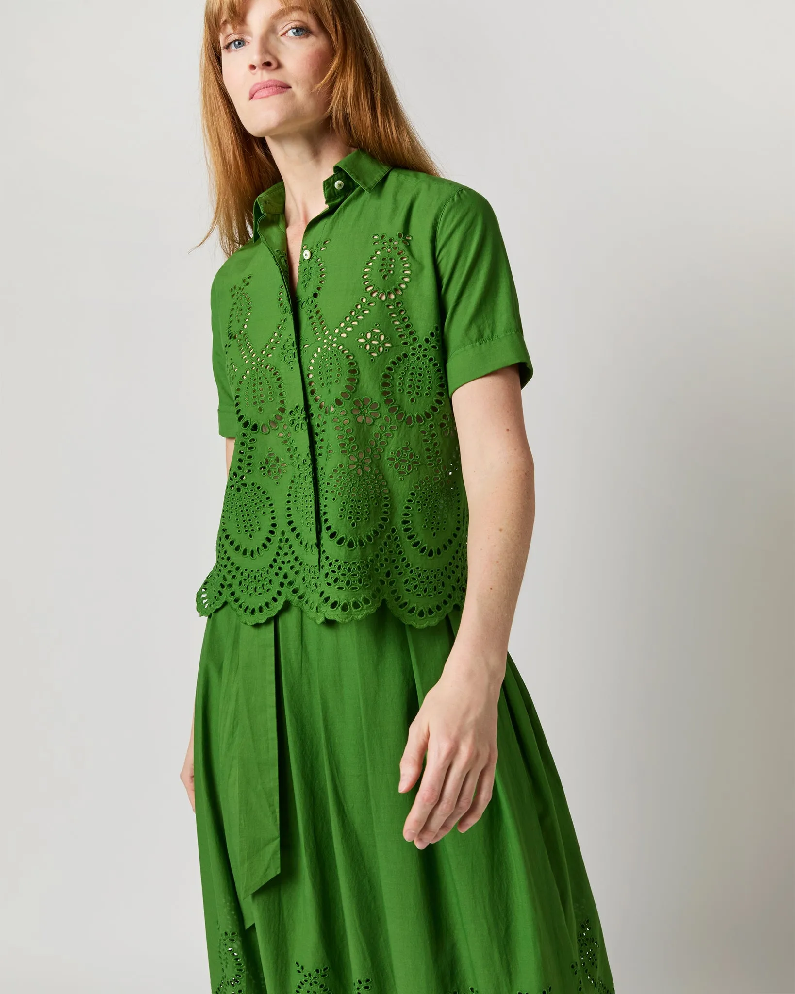 Carol Short-Sleeved Shirt in Green Eyelet