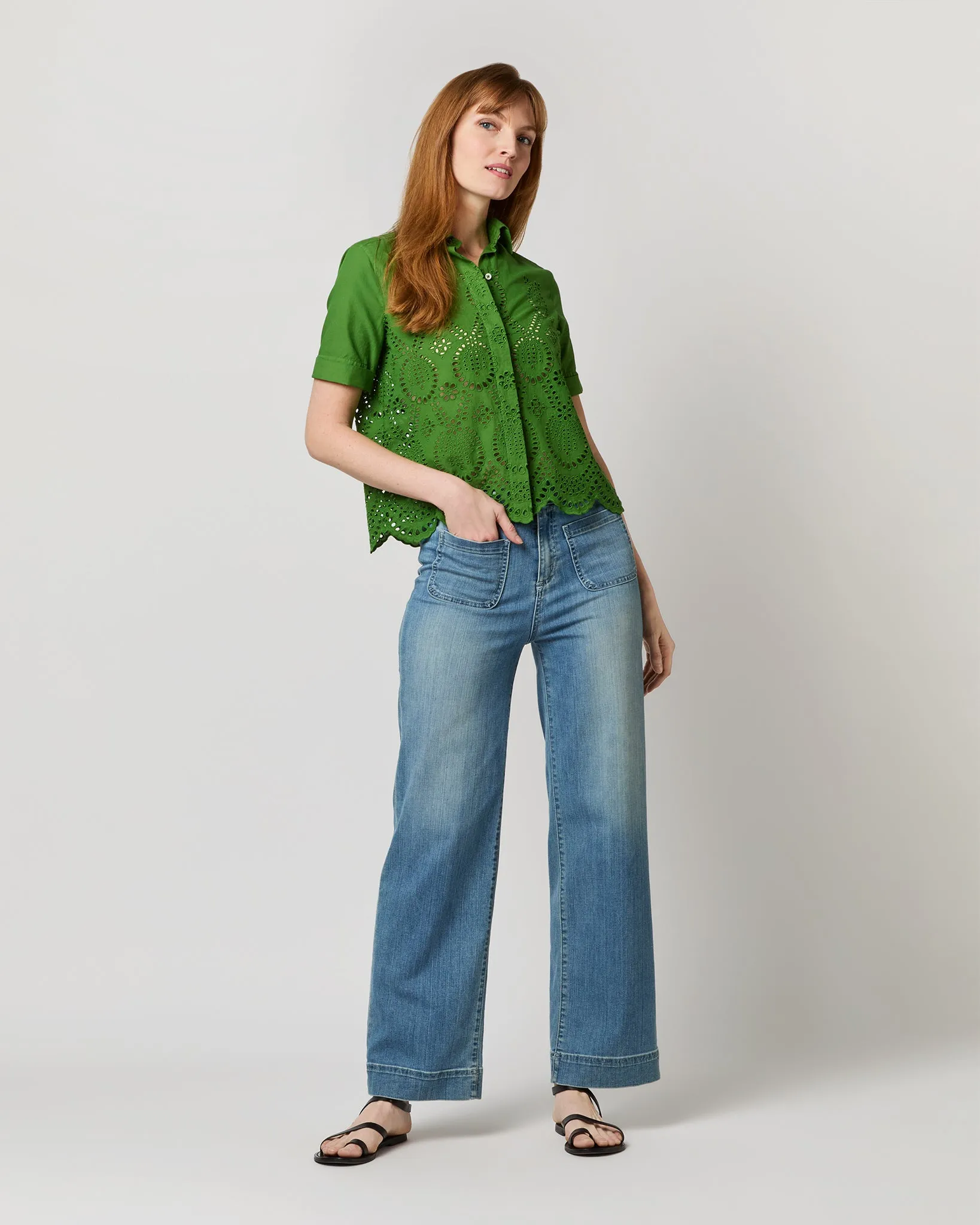 Carol Short-Sleeved Shirt in Green Eyelet