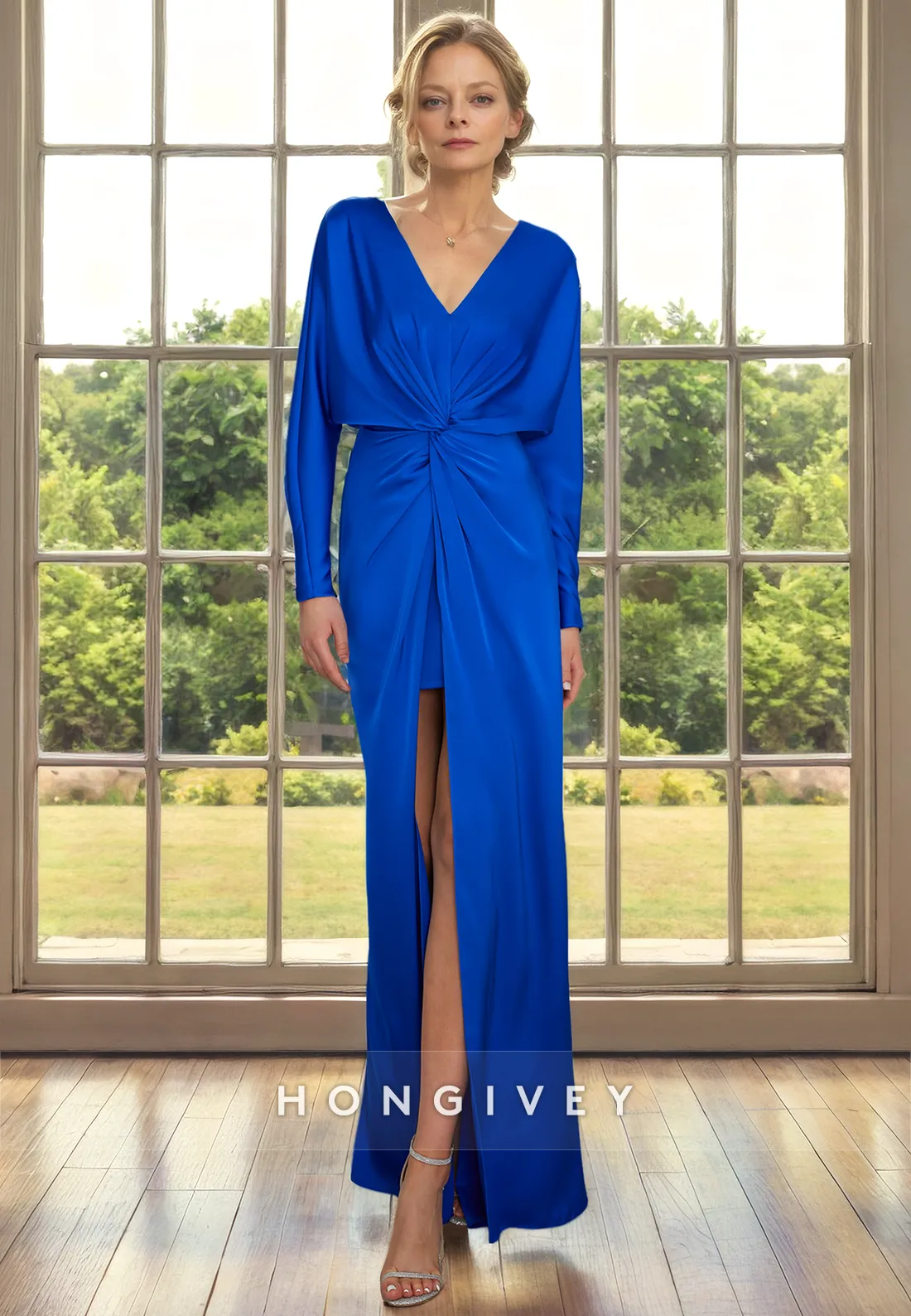 Casual Fitted V-Neck Long Sleeves With Slit Cocktail Evening Dress