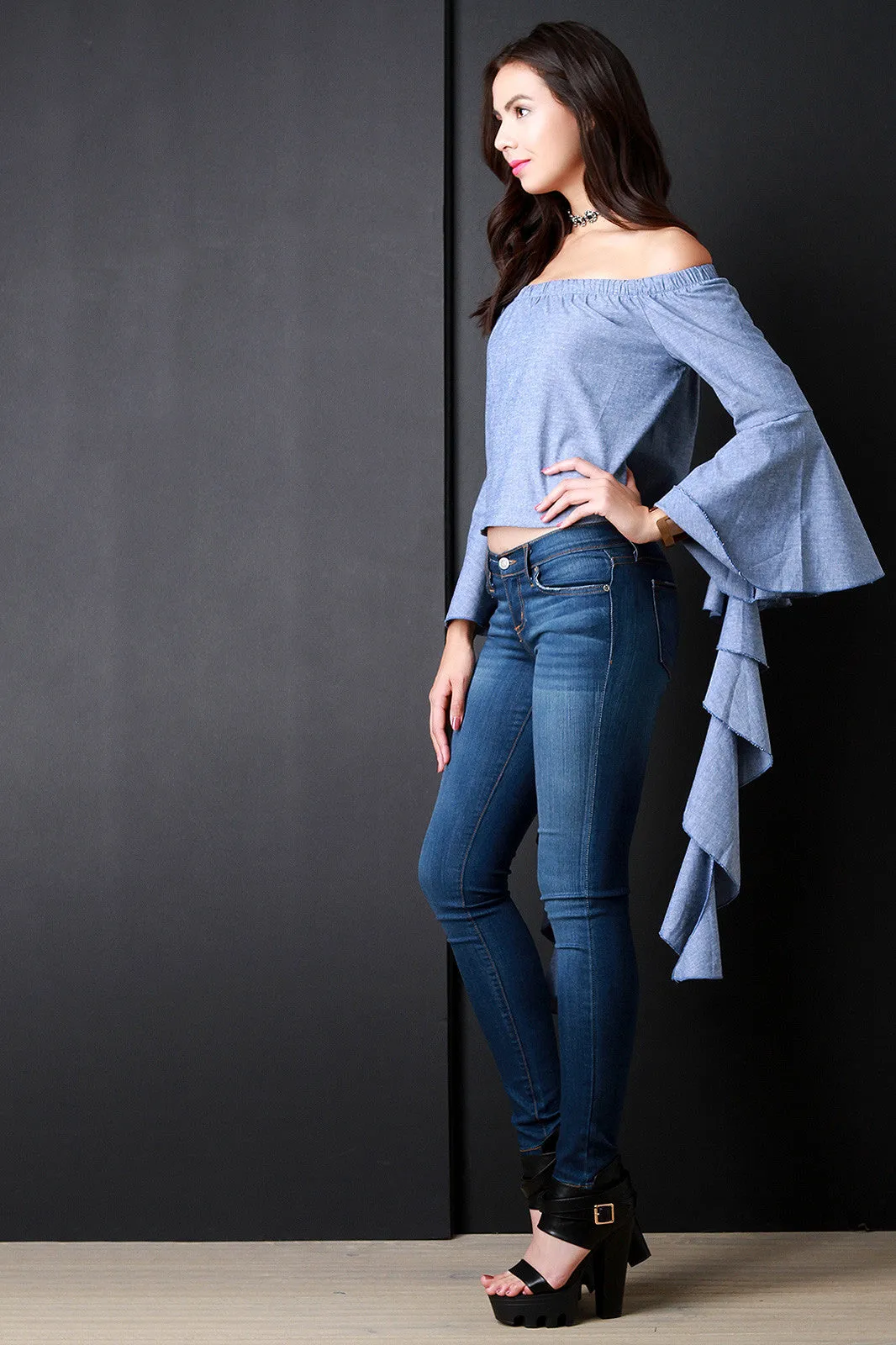 Chambray Ruffle Bell Longsleeve Bardot Crop Top