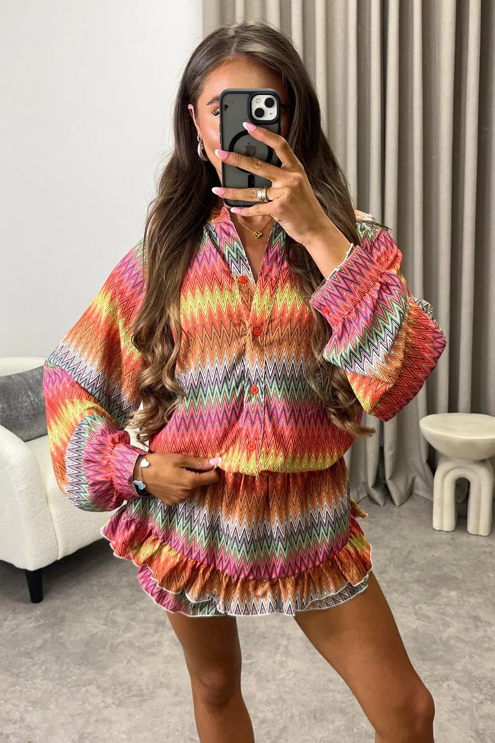 Colbie Orange Multi Zig Zag Print Shirt and Tiered Frill Skort Co-Ord Set