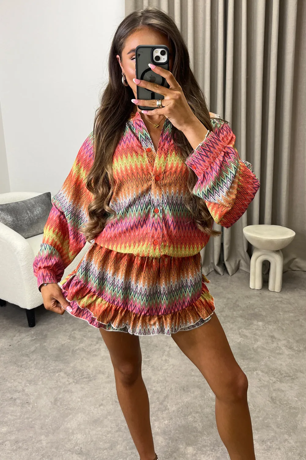 Colbie Orange Multi Zig Zag Print Shirt and Tiered Frill Skort Co-Ord Set