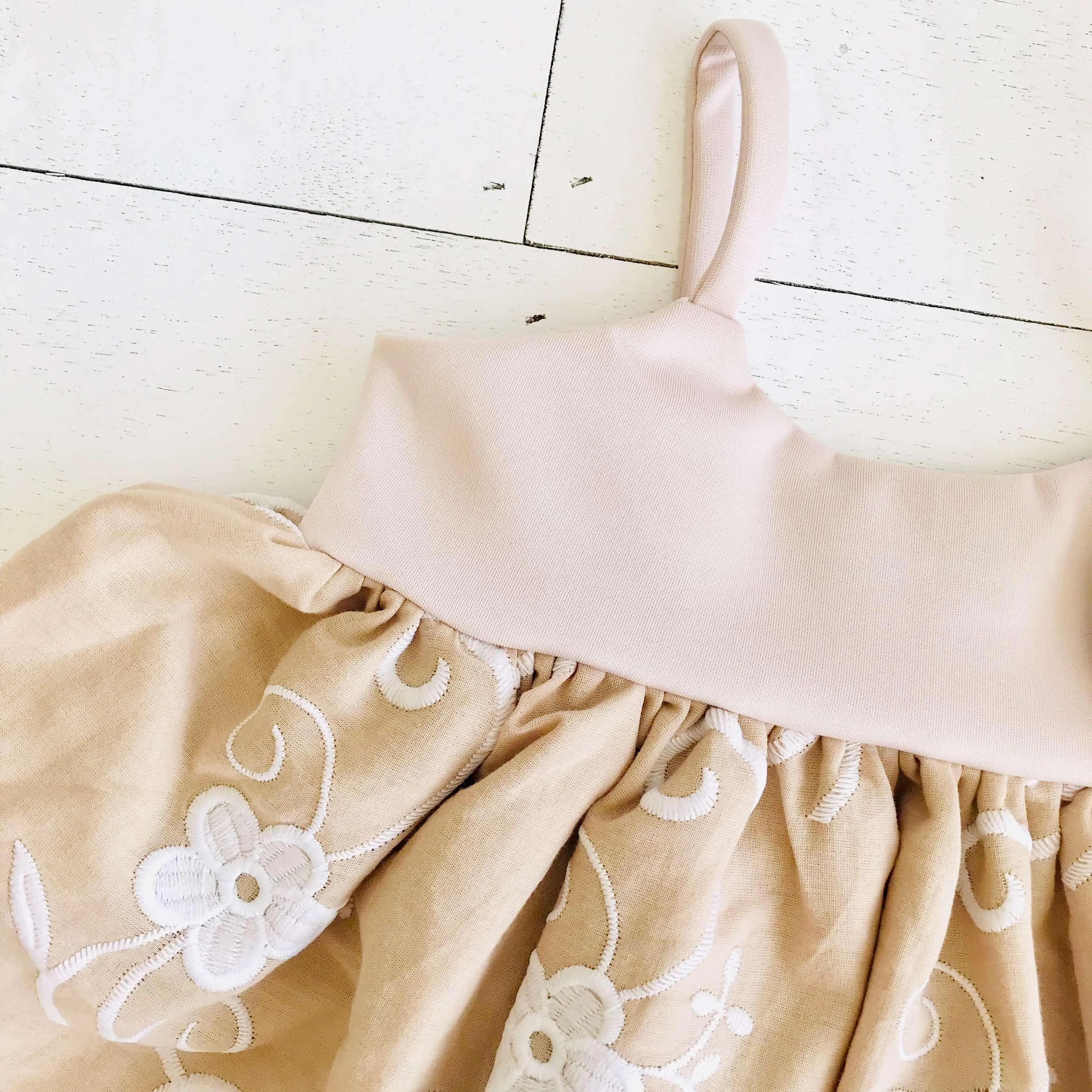 Dahlia Dress in Nude Neoprene and Fancy Beige Embroidery