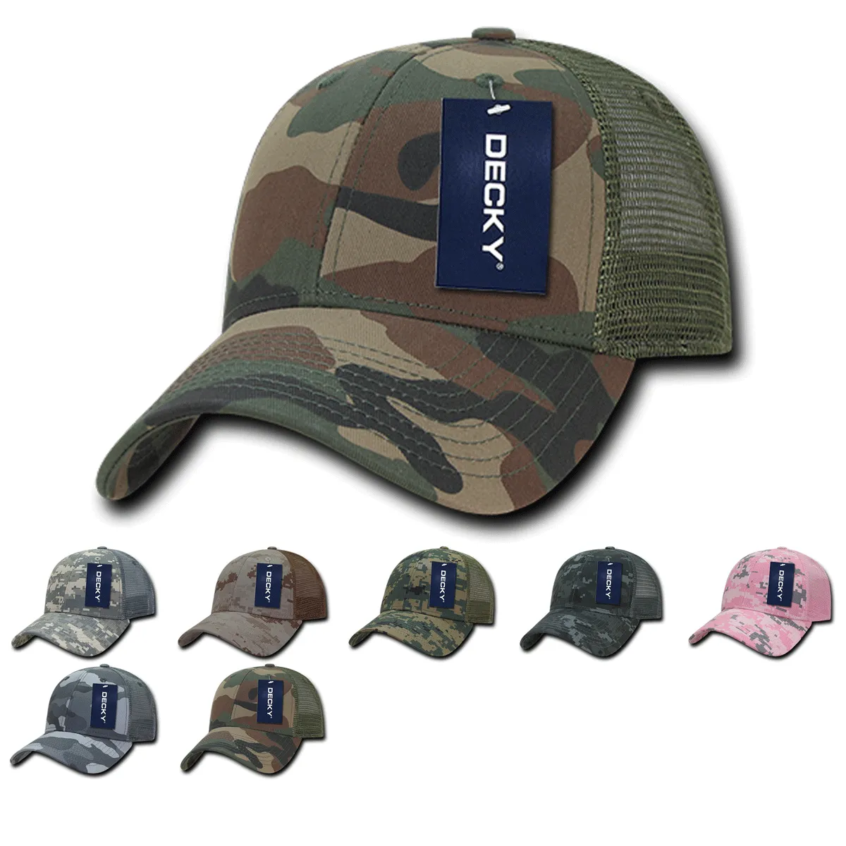 Decky 218 - 6 Panel Low Profile Structured Camo Trucker Hat - CASE Pricing