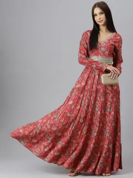 Divena Maroon Floral Printed Muslin Flared Gown