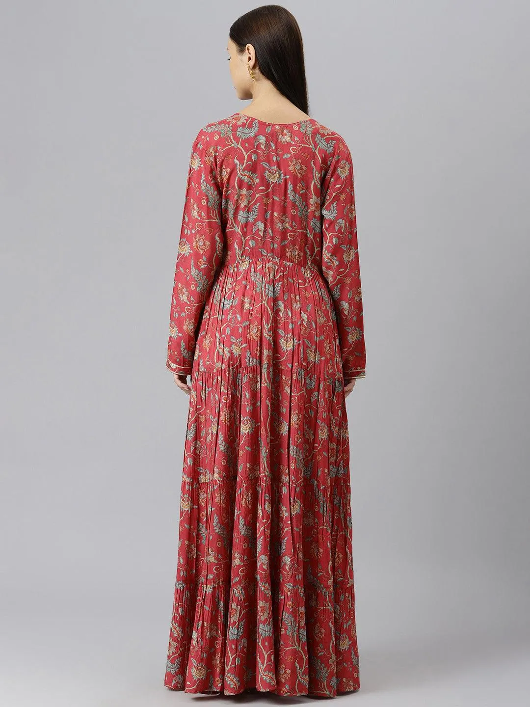 Divena Maroon Floral Printed Muslin Flared Gown