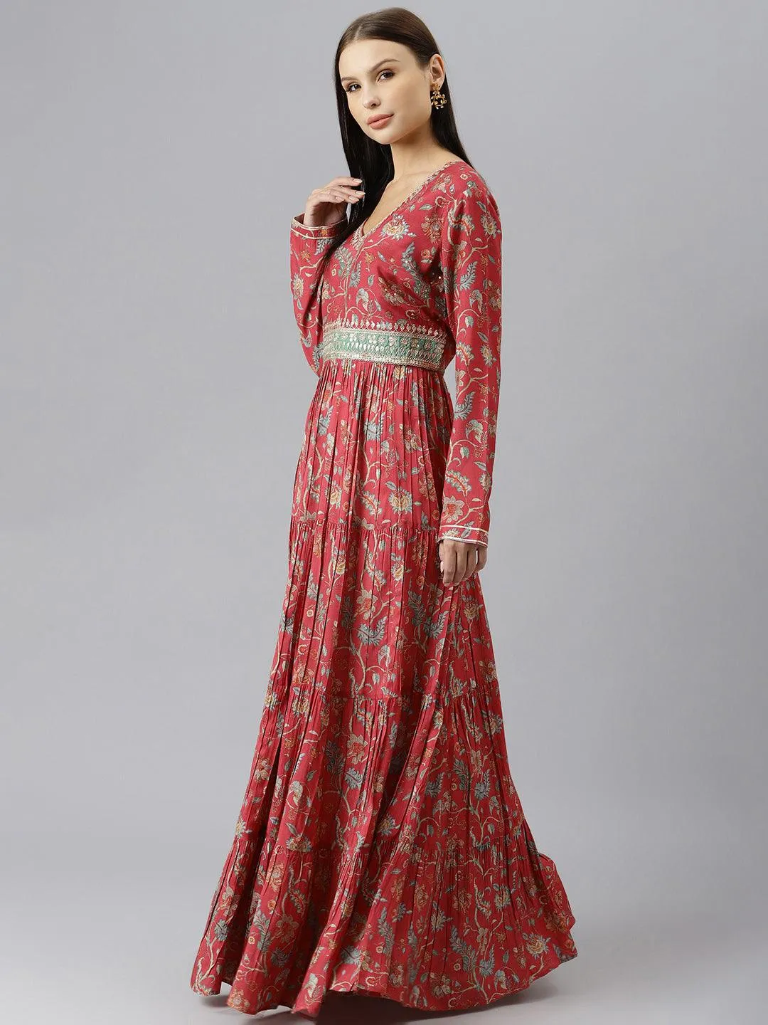 Divena Maroon Floral Printed Muslin Flared Gown