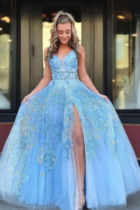 Elegant Blue A-line V-neck Lace Appliques Prom Dresses, Evening Dresses, SP695