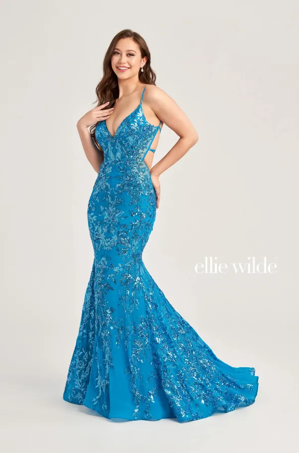 Ellie Wilde 35011 Beaded/Sequin Fit & Flare Gown With Lace Up Back | Multiple Colors