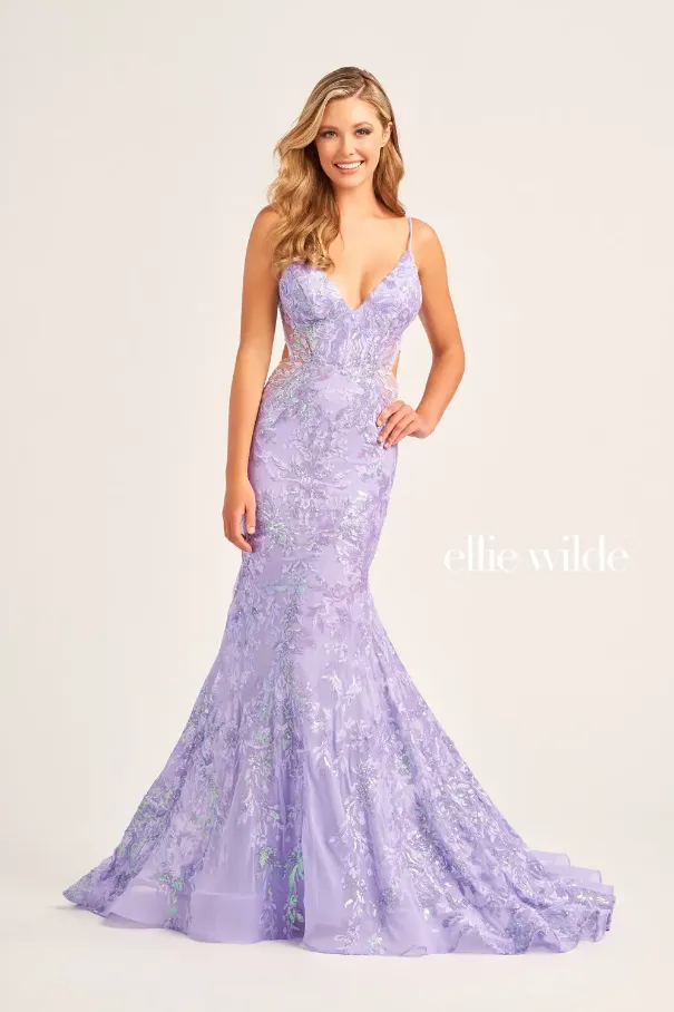 Ellie Wilde 35011 Beaded/Sequin Fit & Flare Gown With Lace Up Back | Multiple Colors