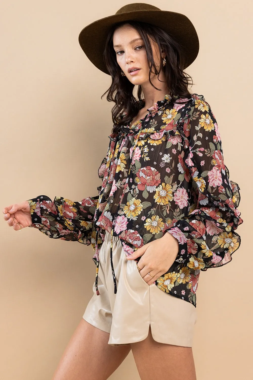 Explore More  Collection - Ces Femme Ruffle Trim Long Sleeve Floral Blouse