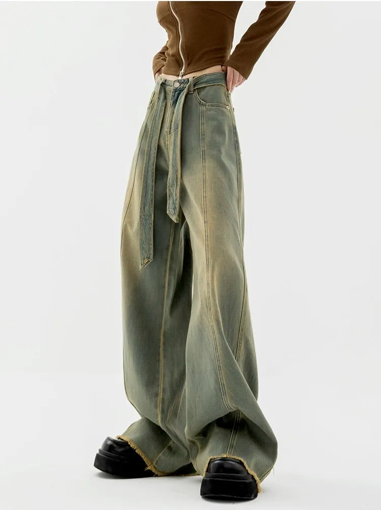 Faded Wide Leg Distressed Hem Belted Jeans