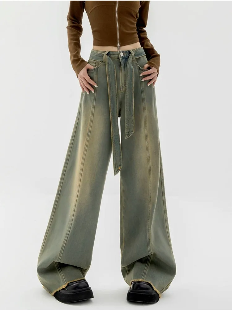 Faded Wide Leg Distressed Hem Belted Jeans