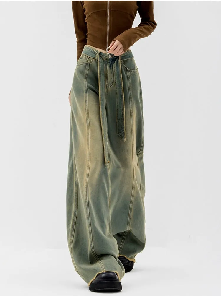 Faded Wide Leg Distressed Hem Belted Jeans