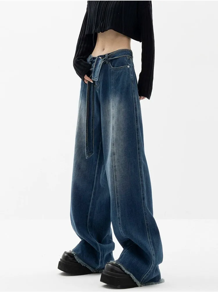 Faded Wide Leg Distressed Hem Belted Jeans