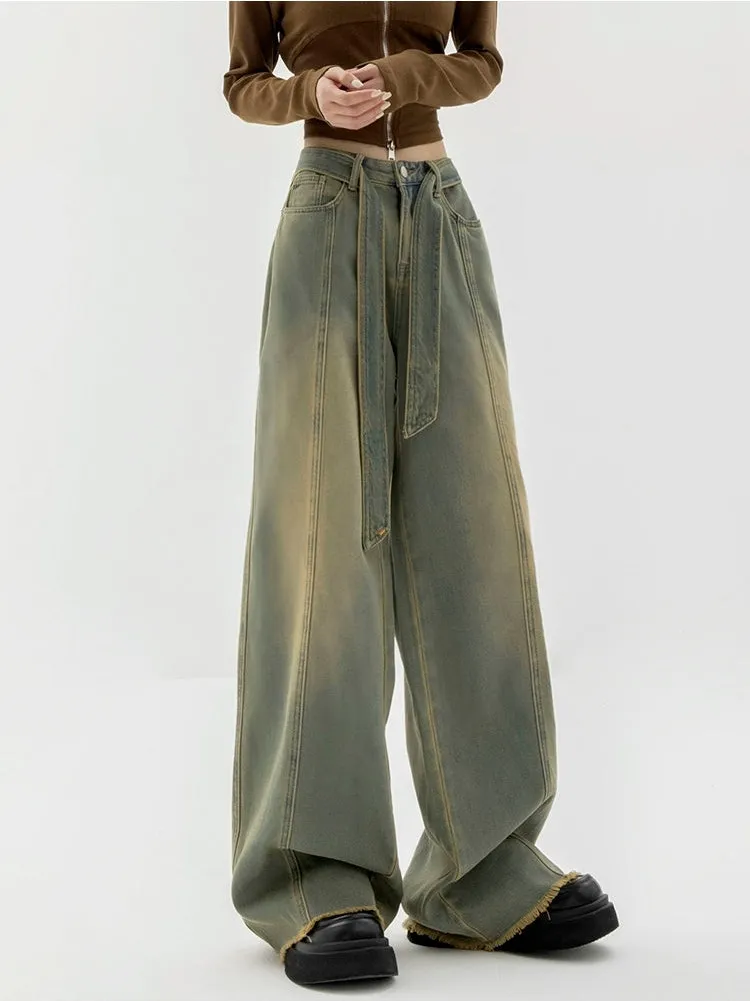 Faded Wide Leg Distressed Hem Belted Jeans