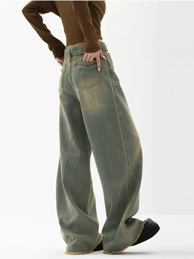 Faded Wide Leg Distressed Hem Belted Jeans