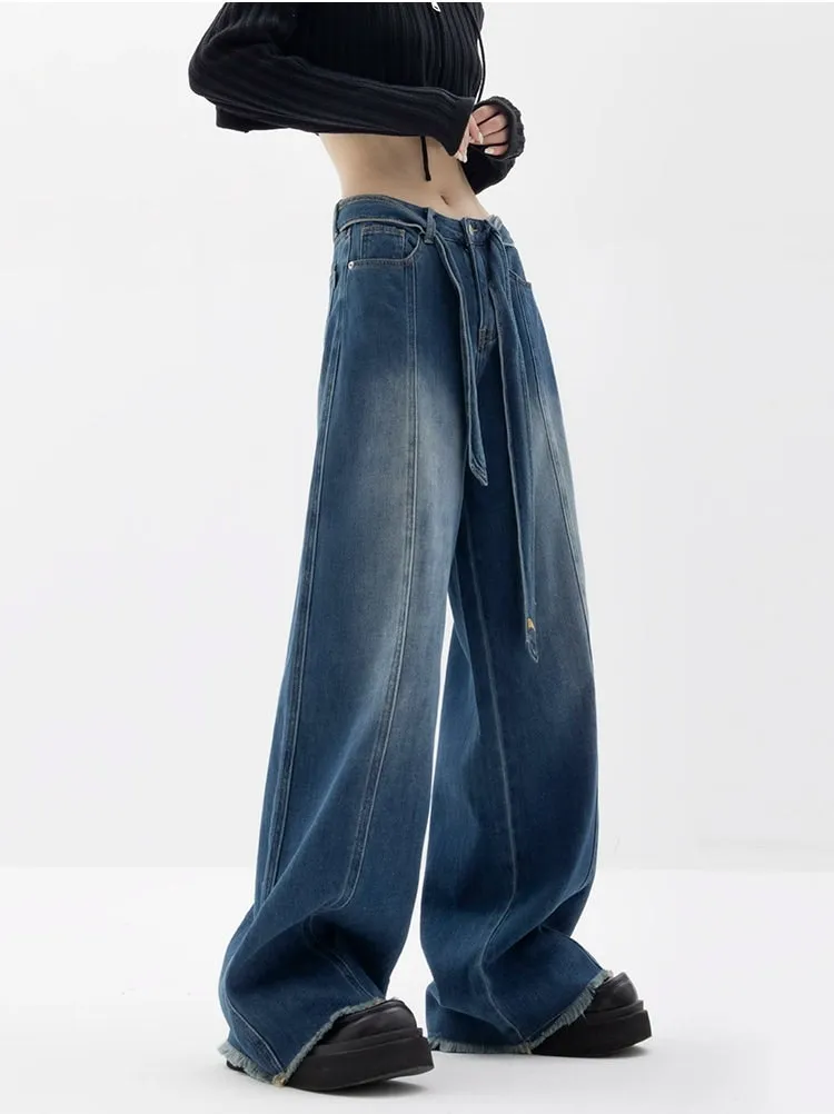 Faded Wide Leg Distressed Hem Belted Jeans