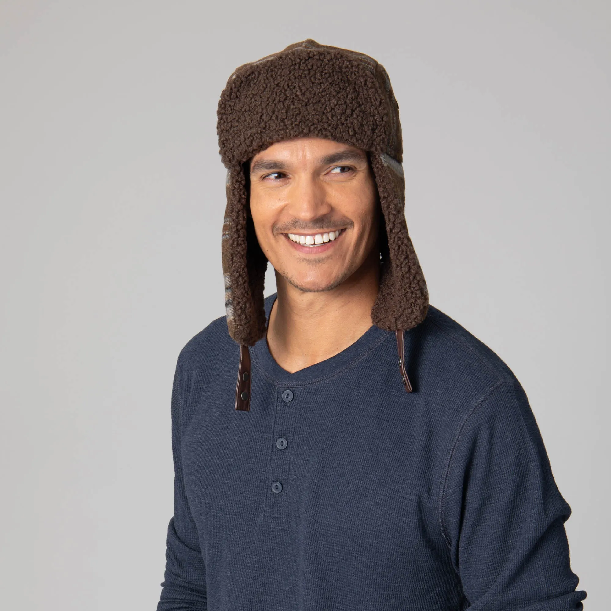 Faux Wool Plaid Trapper with Sherpa Brim and Lining