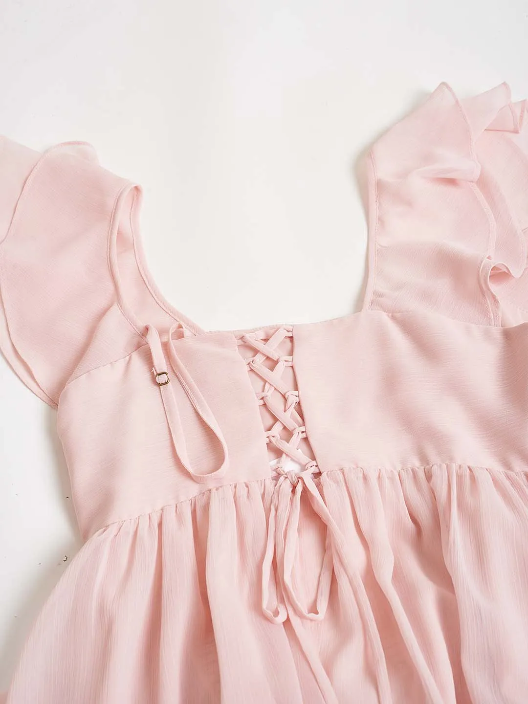 【Final Sale】Ariah Romantic Square Neck Ruffle Sleeves Pink Dress