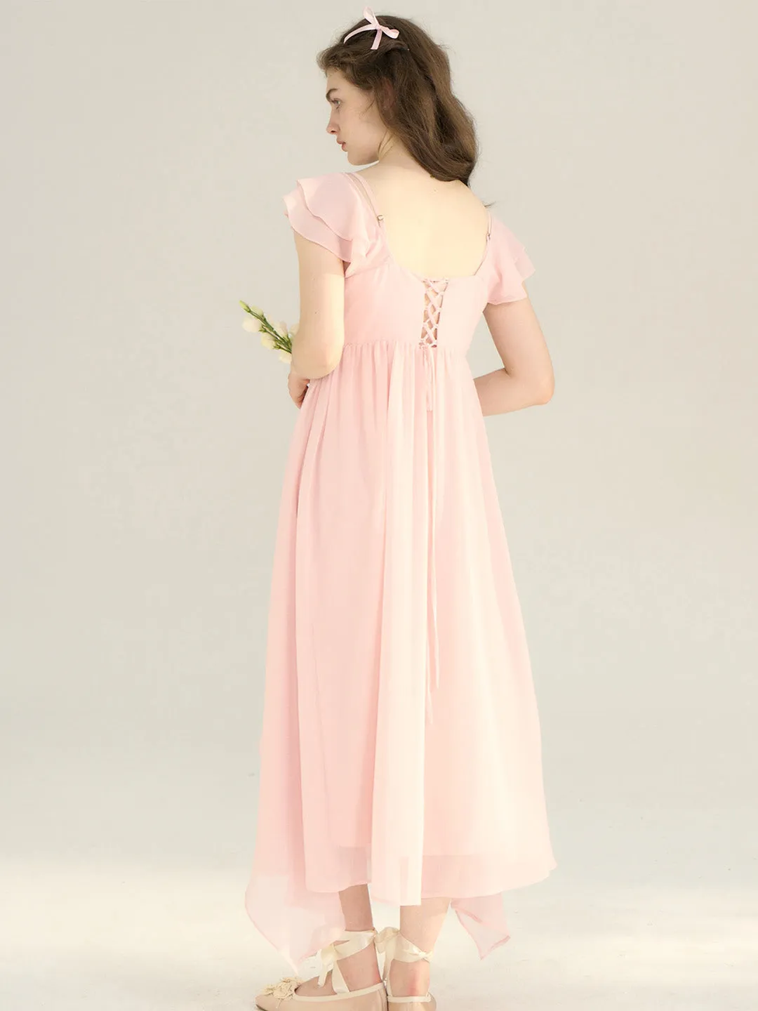 【Final Sale】Ariah Romantic Square Neck Ruffle Sleeves Pink Dress